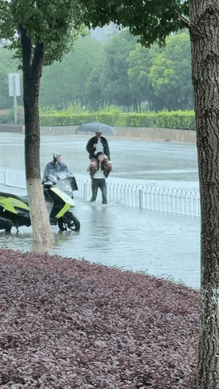 这便是爱情的力量！大雨中，路面积水成洼，一女子背起爱人，蹚水前行。

一场暴雨过