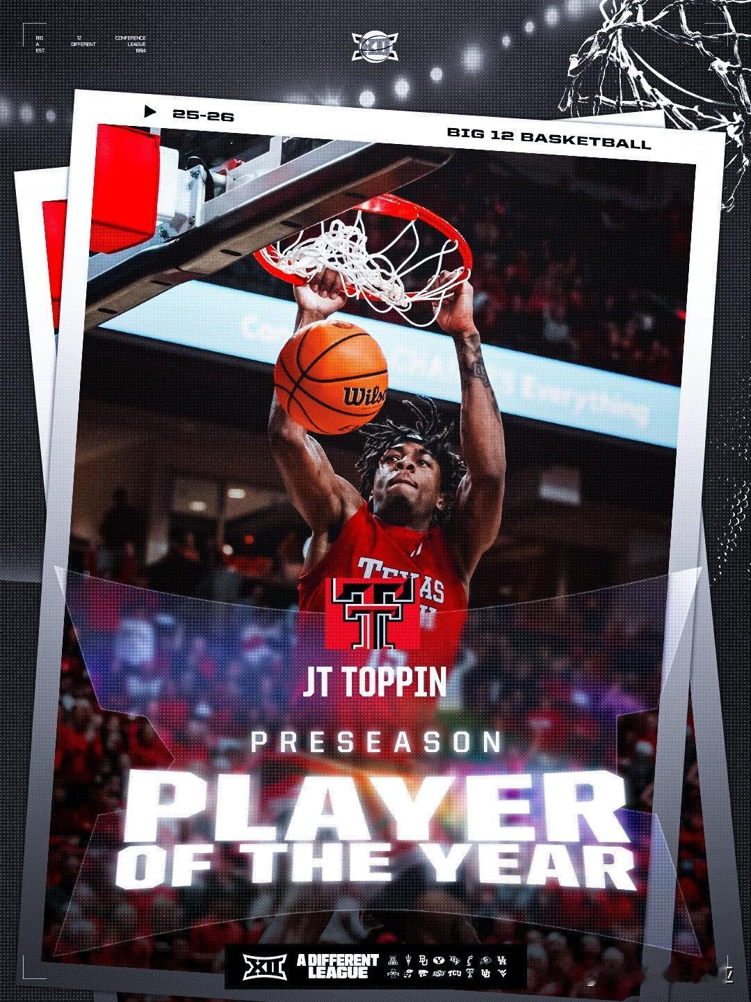 德州理工JT Toppin季前被预测是Big 12联盟最佳球员，LeJuan W