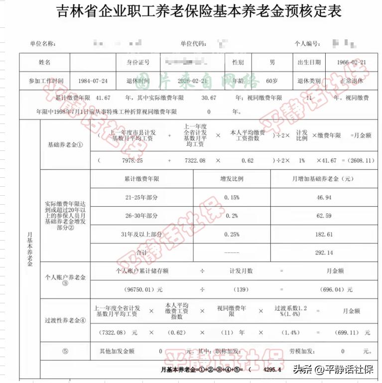 吉林退休养老金！
退休地长春，男性60岁企业退休，没有选择延长，1984年7月参