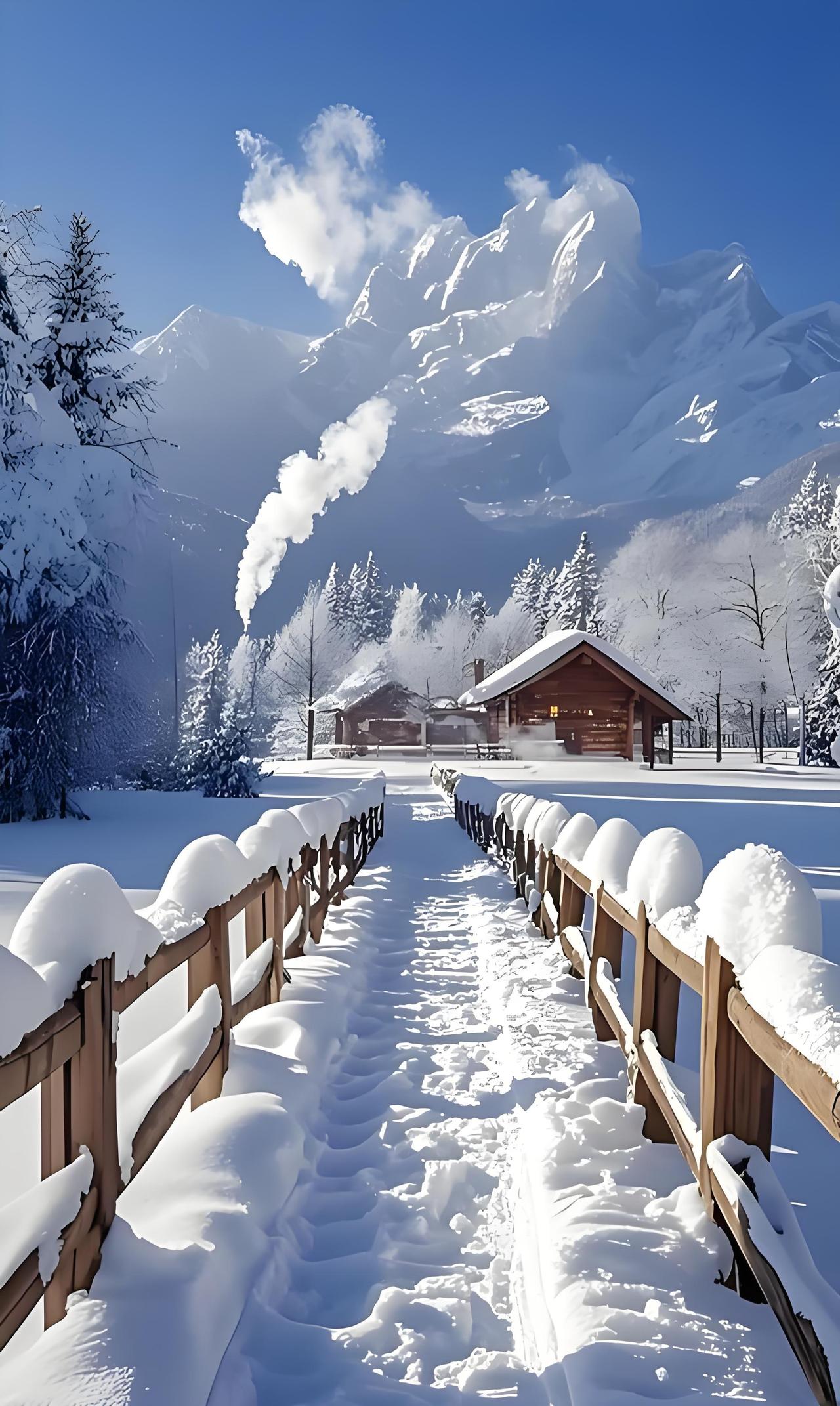初雪，小村前的小木桥被冰雪覆盖，在冬日暖阳下，熠熠生辉。