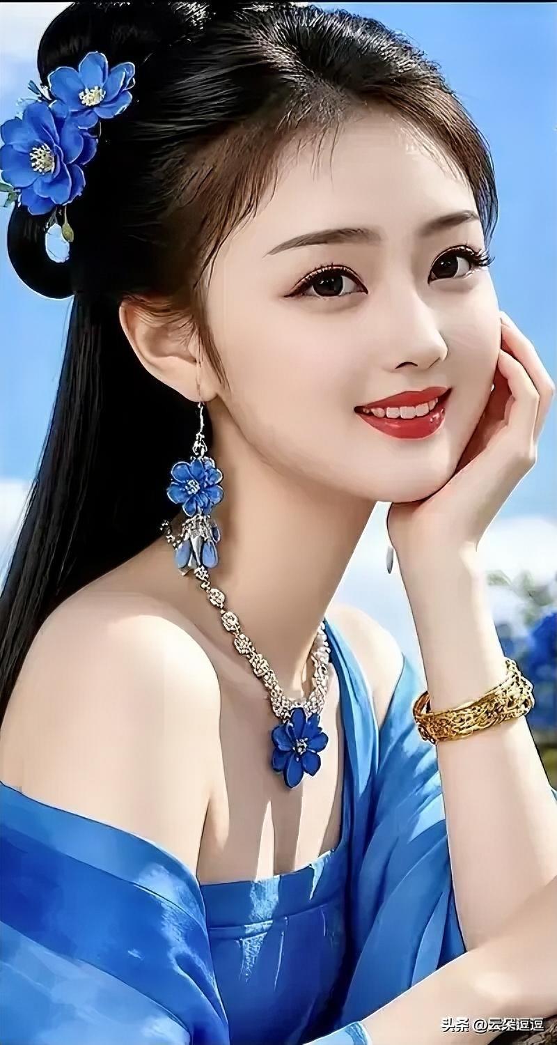 梦幻蓝衣少女，花饰点缀，优雅动人