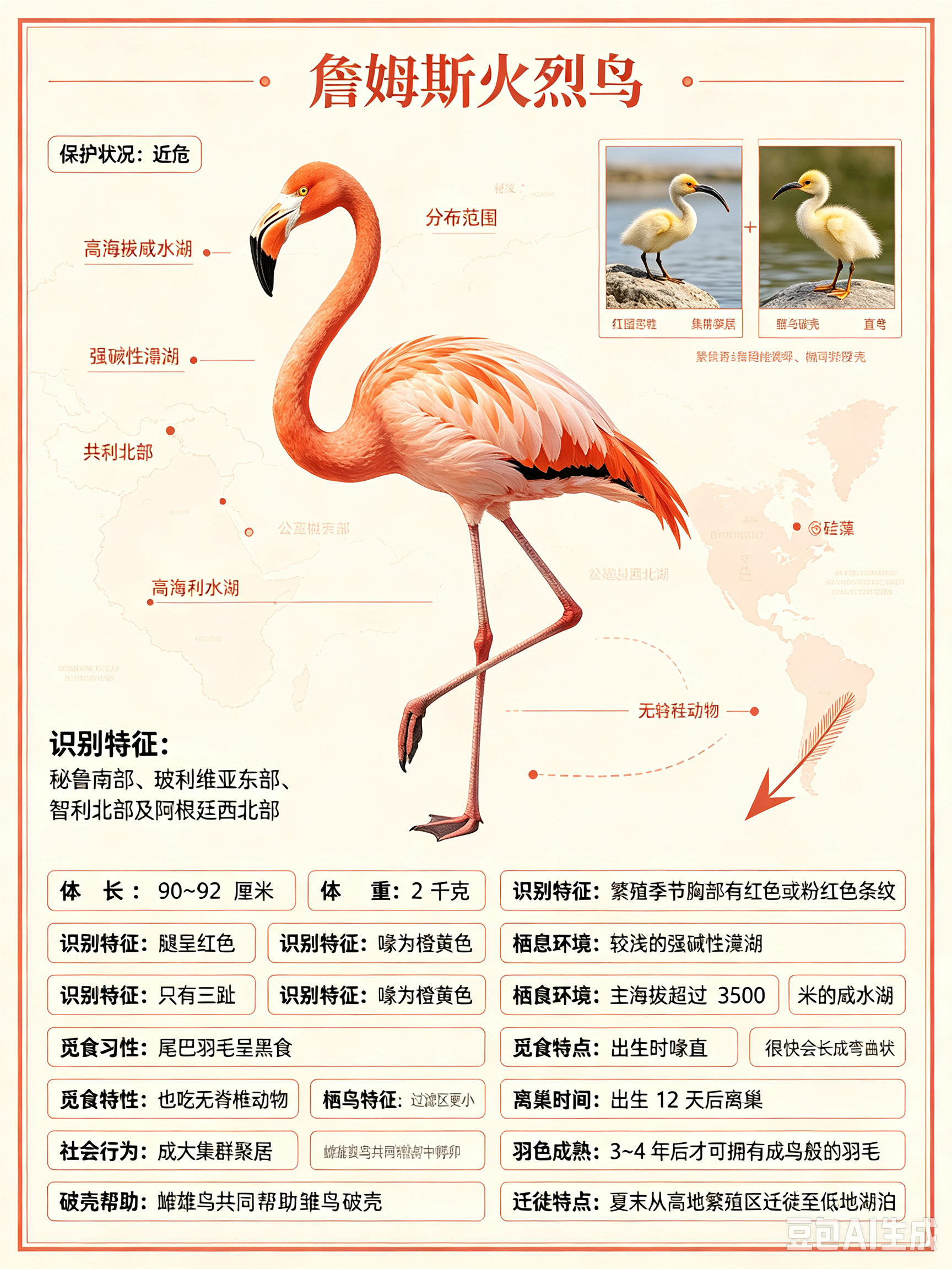 鸟类朋友图鉴 詹姆斯火烈鸟体长：90~92 厘米体重：2 千克社会单位：群居保护