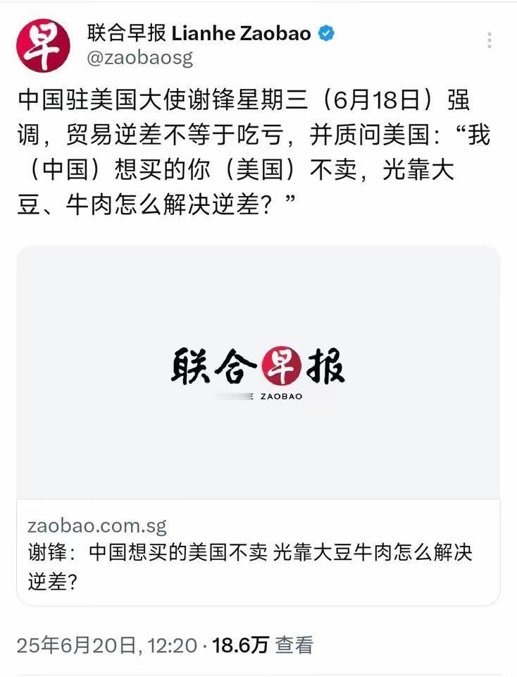 中国驻美国大使谢锋6月18日表示：贸易逆差不等于吃亏，中国想买的美国不卖，光靠大