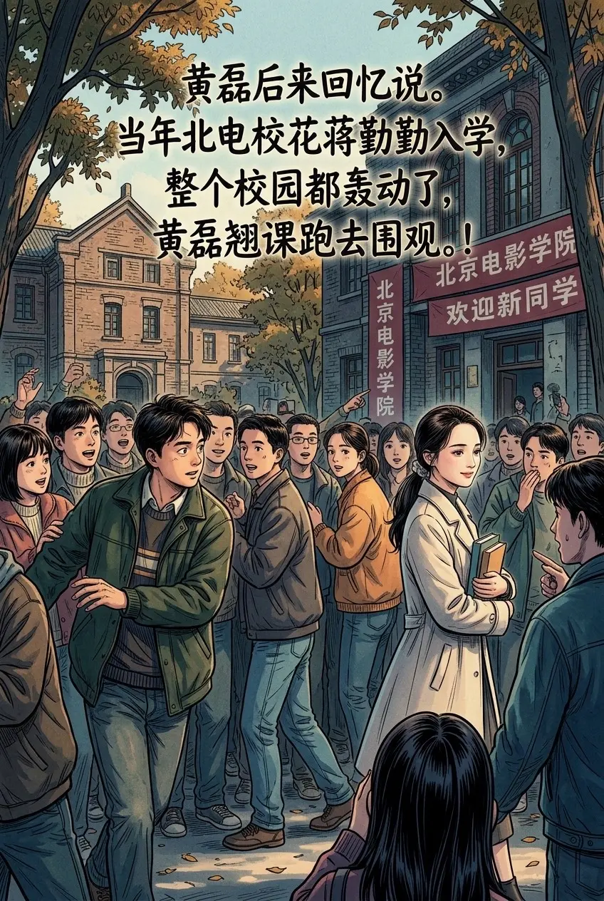 黄磊后来回忆说。 当年北电校花蒋勤勤入学。整个校园都轰动了，黄磊翘课跑去围观。！
