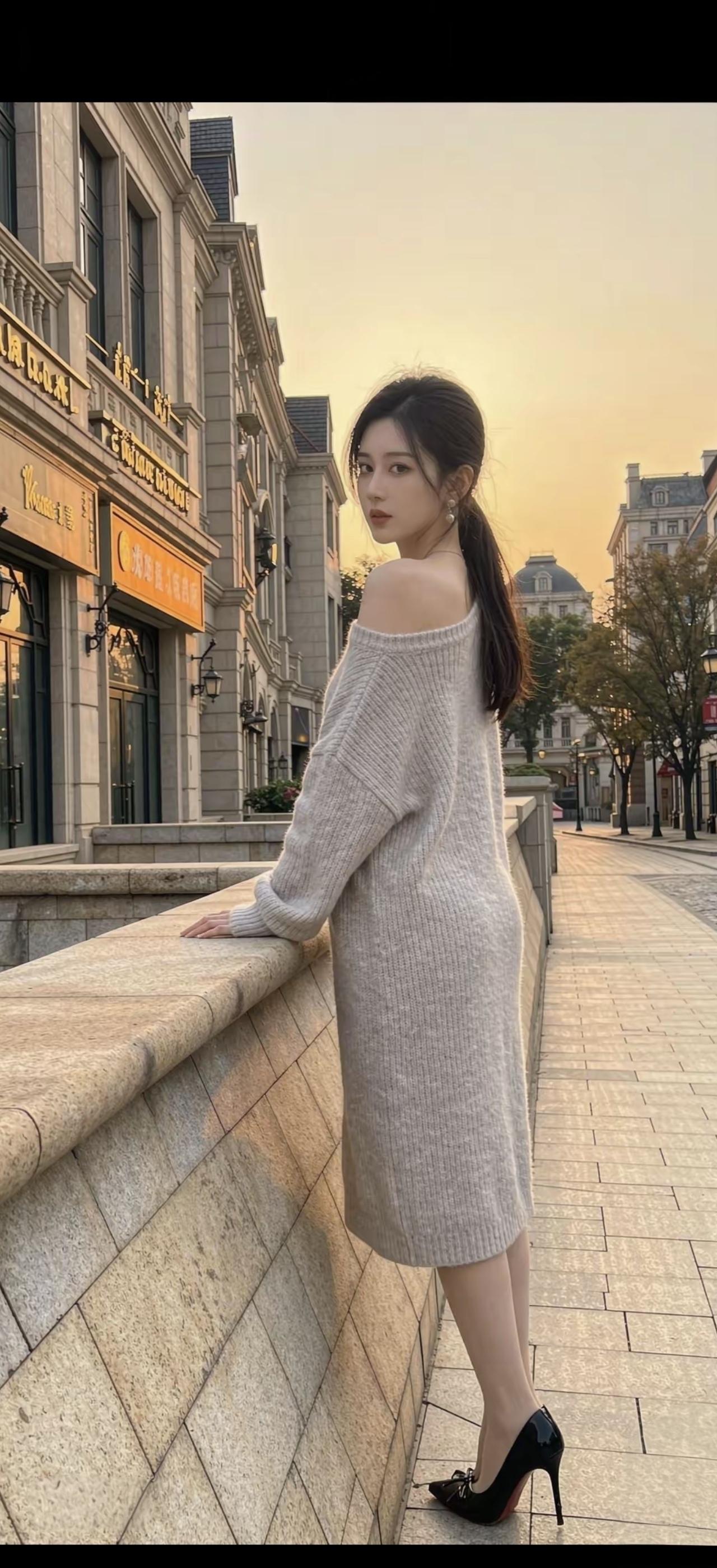 这位女士在街头摆姿势拍照。
