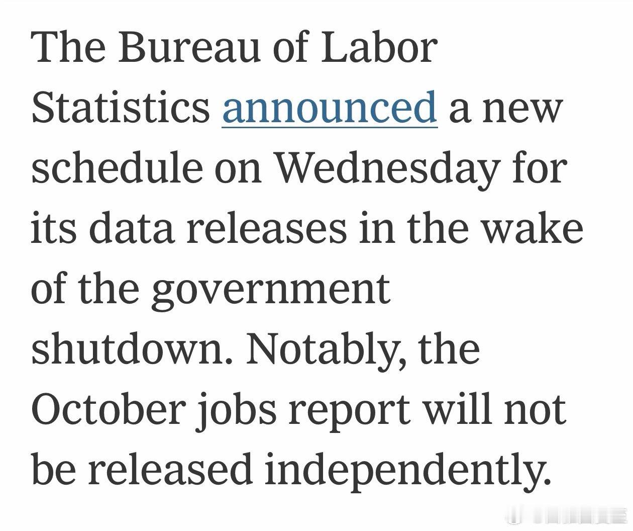 十月非农就业数据，包括失业率，联邦不打算公布十一月的，推迟到12月16日发布而美