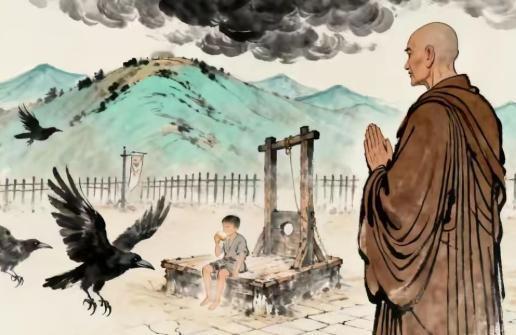 高僧路过刑场，见一男童在断头台上啃馒头，身后乌鸦盘旋不落，高僧合掌：“破军坐命，