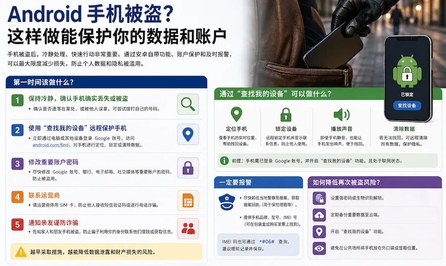 安卓手机被偷后别慌：第一时间做好这几步，才能保住账号和数据