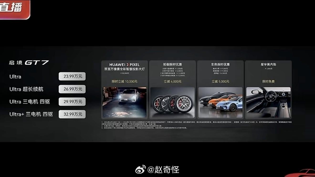 启境GT7    价格来了，Ultra版起售价23.99万元起售三电机版29.9