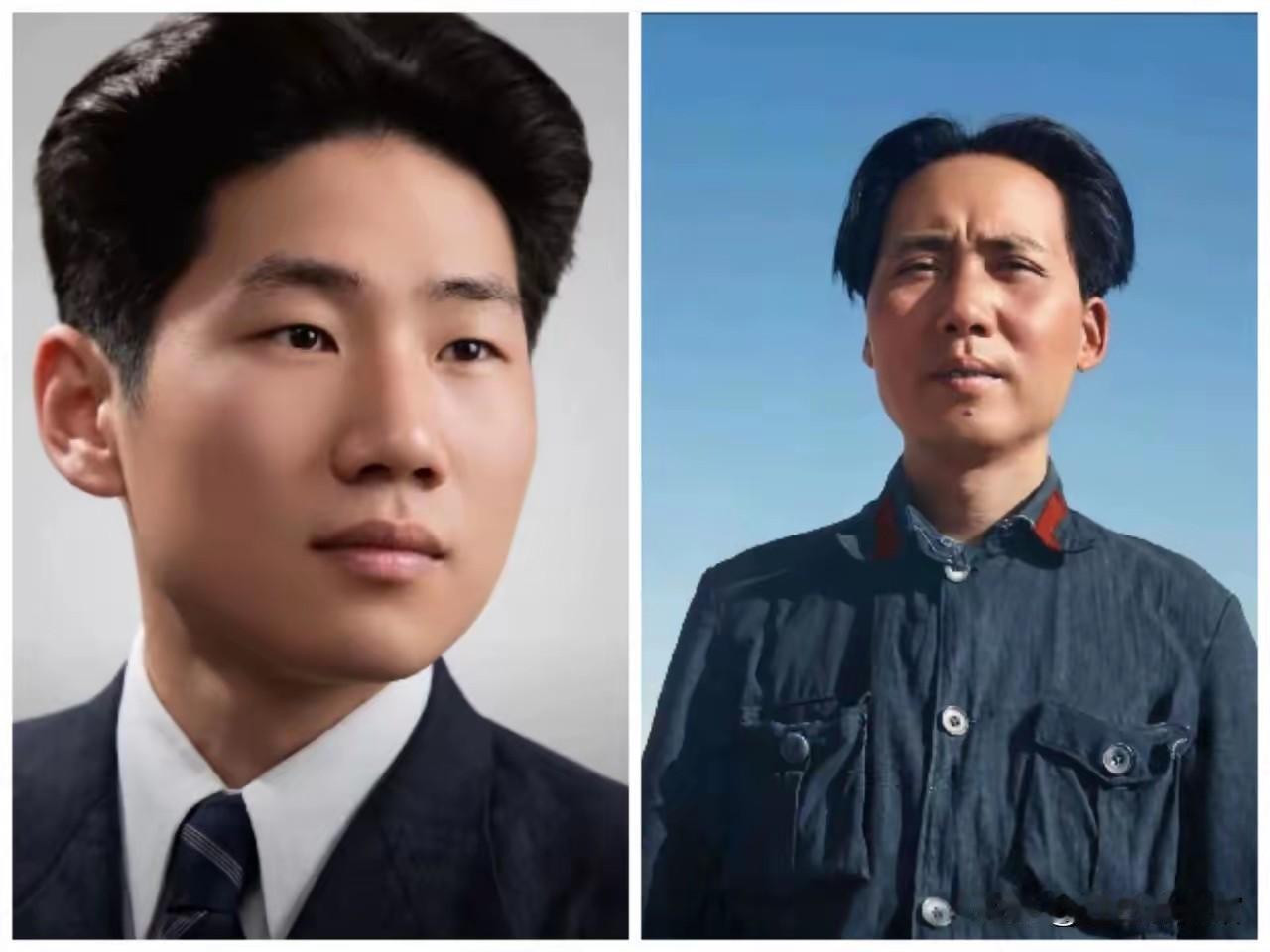 一张是毛岸英风华正茂的面容，一张是毛泽东胸怀家国的身影，血脉相连，初心一脉相承。