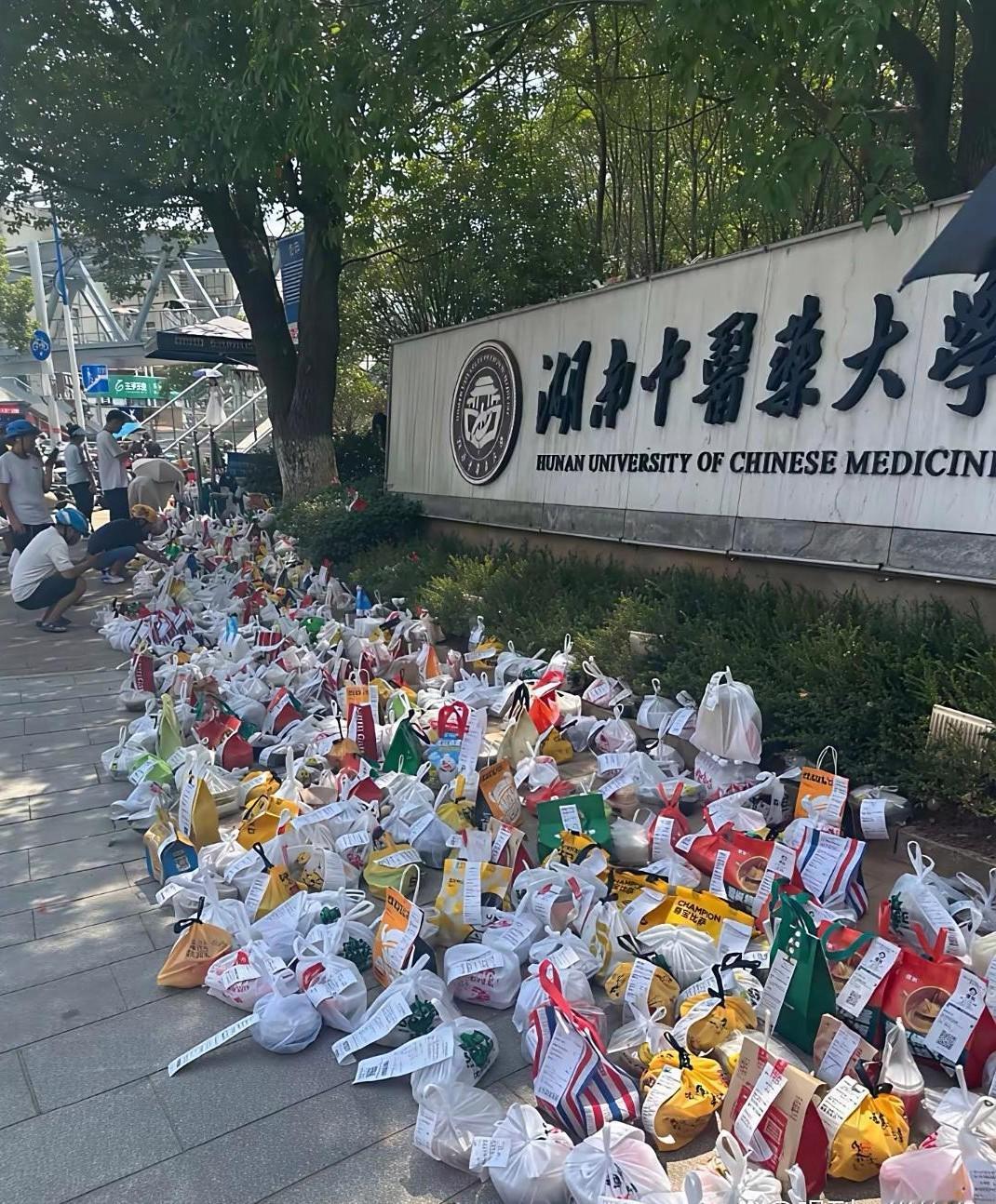 湖南中医药大学门口每天都有几百个包裹放在门口！学生订的外卖不允许放进学校，只能放