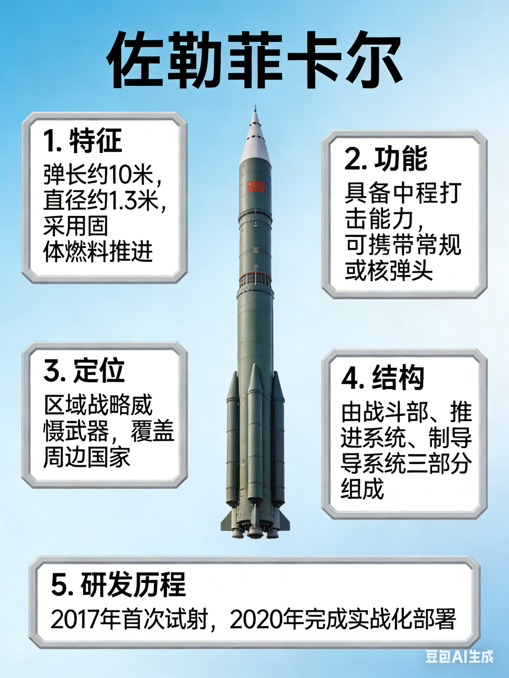 全球武器装备盘点“佐勒菲卡尔” 弹道导弹伊朗研发的一款固体燃料战术弹道导弹，也是