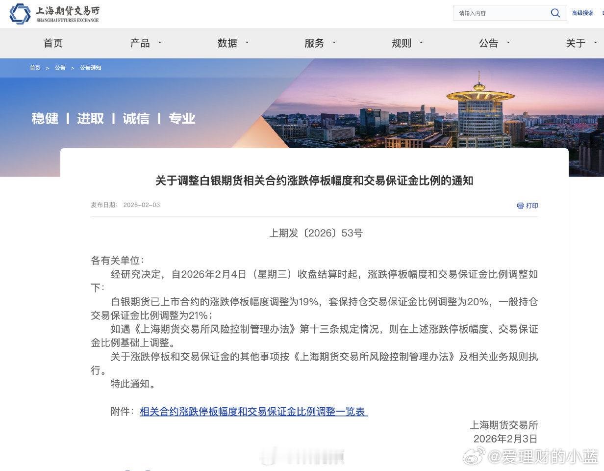 上期所对白银期货出手上期所公告，经研究决定，自2026年2月4日（星期三）收盘结