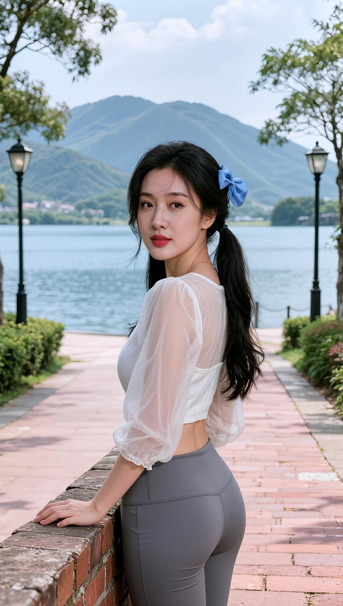 AI湖畔清新照 抖音ai创作 少女写真 女孩写真 美丽大自然风景