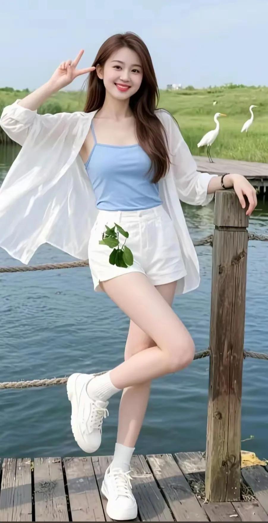 阳光明媚的湖边，元气少女与白鹭共舞🌞🦊👗白鹭 夕阳下白鹭 湖里白鹭 田野白