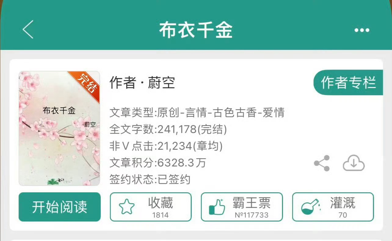 小说推荐：《布衣千金》 作者:蔚空简评：落难千金vs温柔秀才，失忆梗，市井生活，