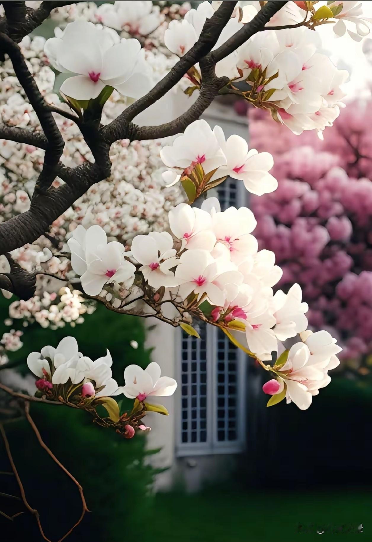 春日的白玉兰，在晨光里舒展着素白花瓣，清雅又明亮。它不与百花争艳，静静绽放，把春