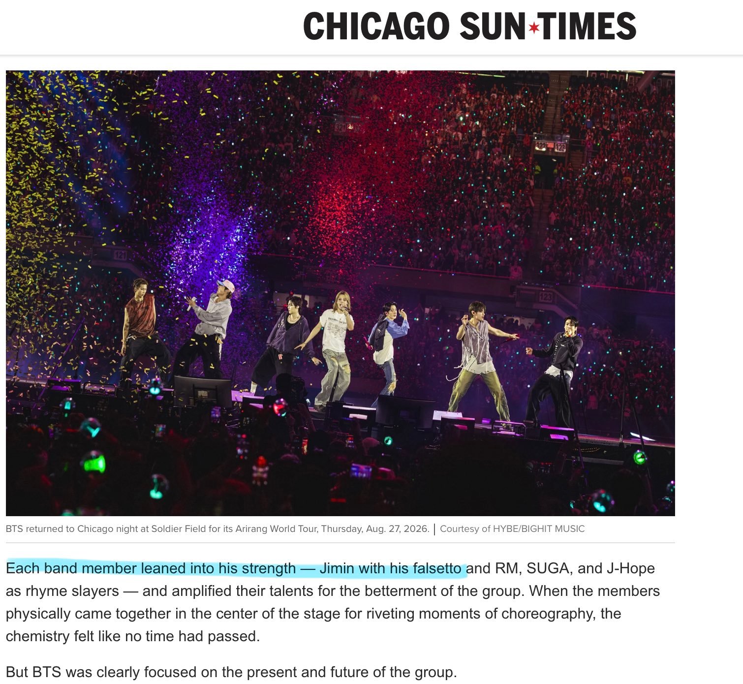 芝加哥当地发行量最大的报纸之一《Chicago Sun-Times》在对 BTS