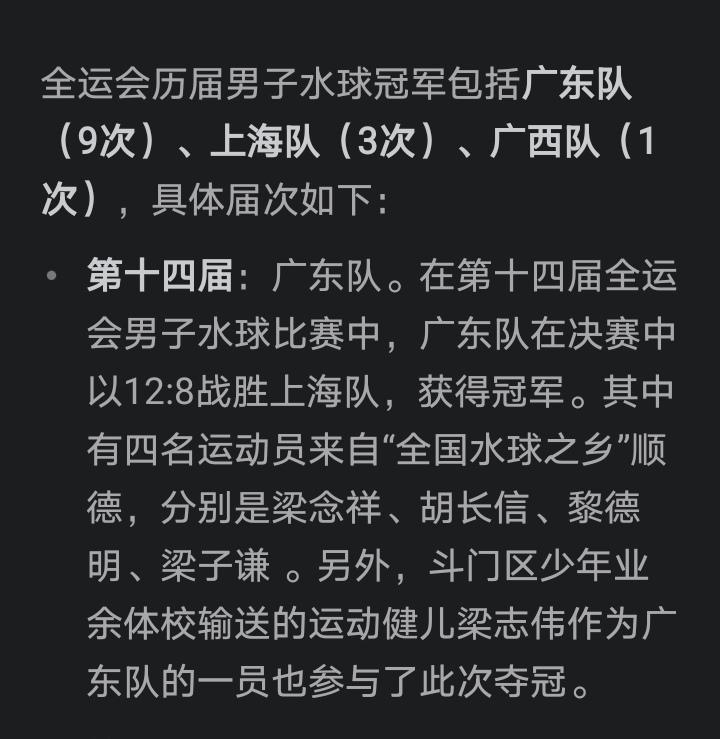 今天花了50元看了四场男子水球比赛真是超值了，回家查了一下广东队在历届比赛中获得