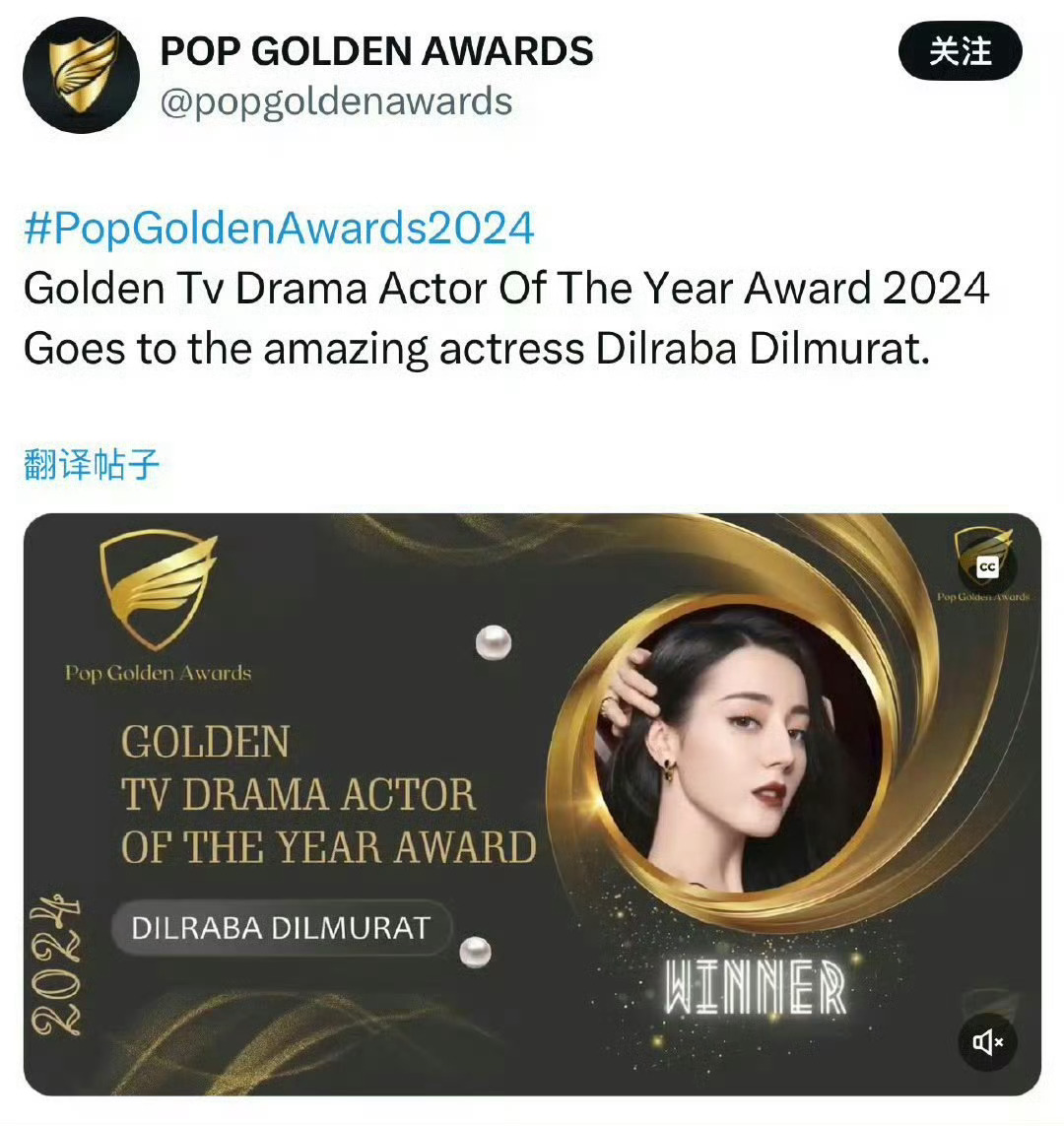 热巴宝贝获得Pop Golden Awards「年度最佳影视剧演员」奖项[心] 