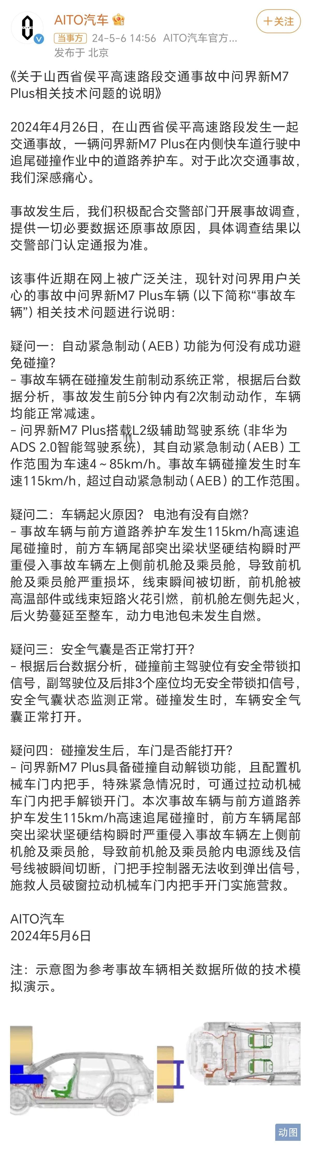问界汽车再次回应山西问界汽车车祸事故，这次集中解答四大技术问题，回应的内容比较合