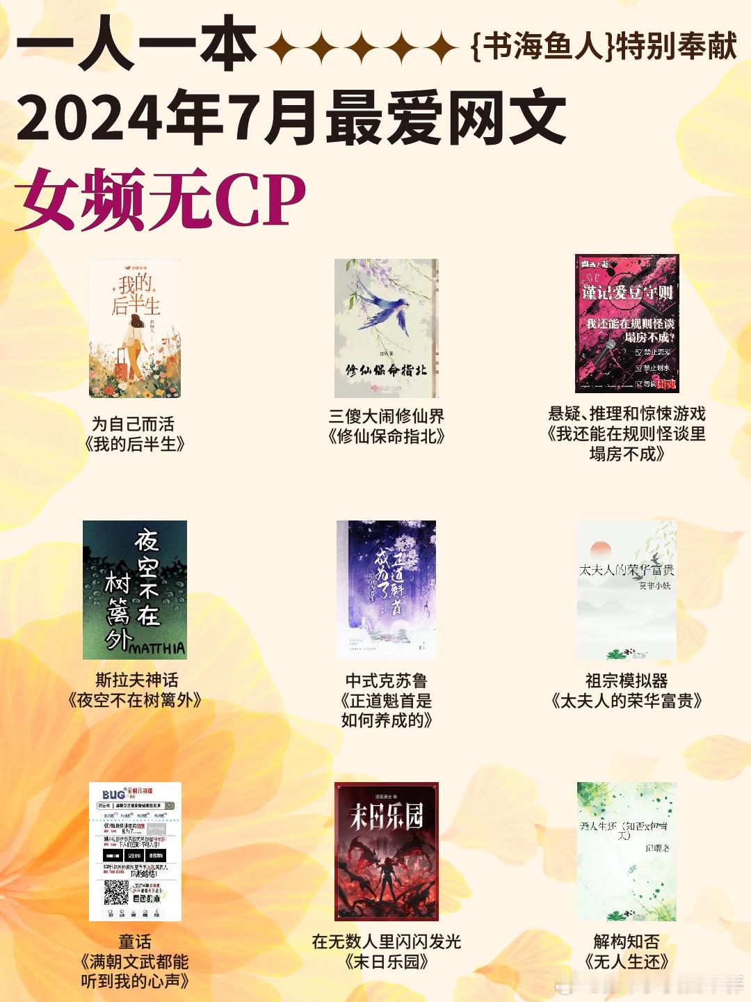 #书海鱼人##扫文记录# 【书鱼扫文·女频无CP】：一人一本2024年8月最爱网