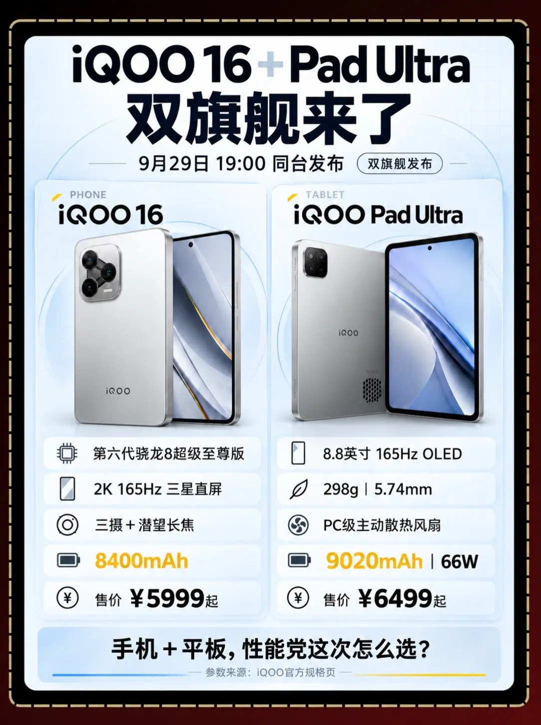 iQOO16和Pad Ultra横向对比。