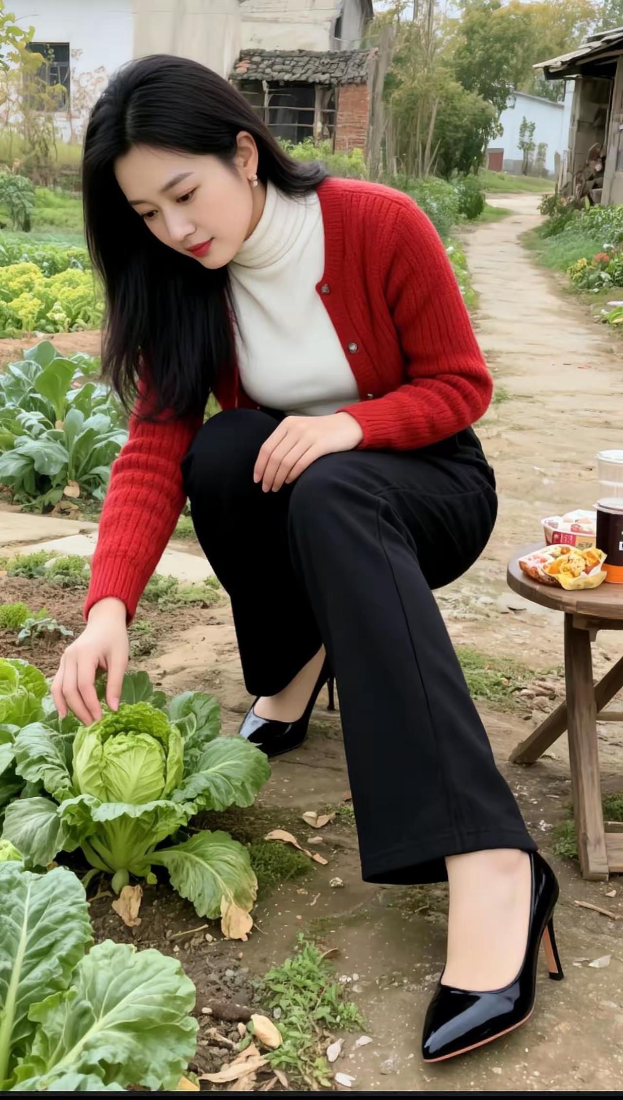 田园风穿搭指南：红毛衣+黑裤子，与自然亲密接触