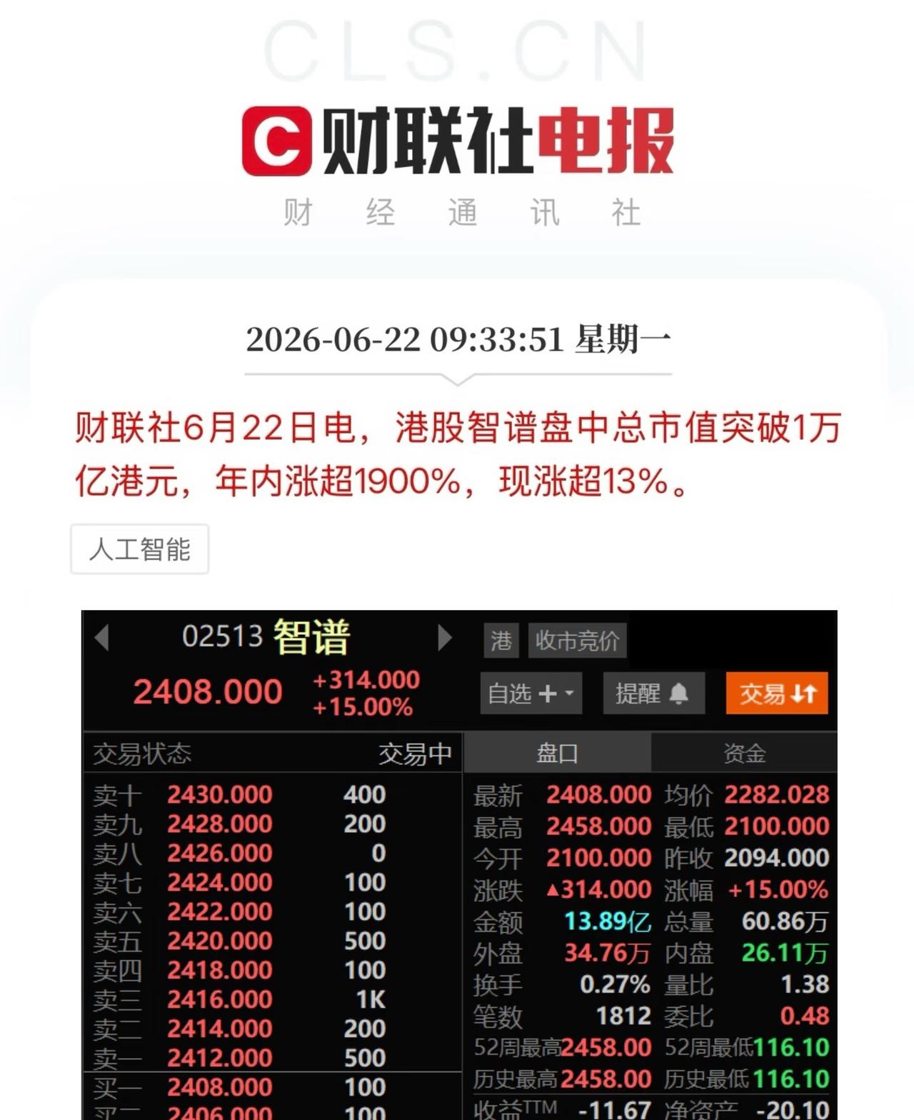 智谱总市值破万亿港元了，盘中还涨超40%，这势头够猛的。就是想知道，中报得有多少
