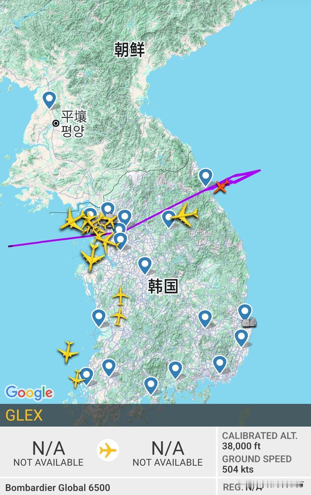 此时此刻（2025年12月23日凌晨00:08）一架庞巴迪环球快车6500在朝鲜