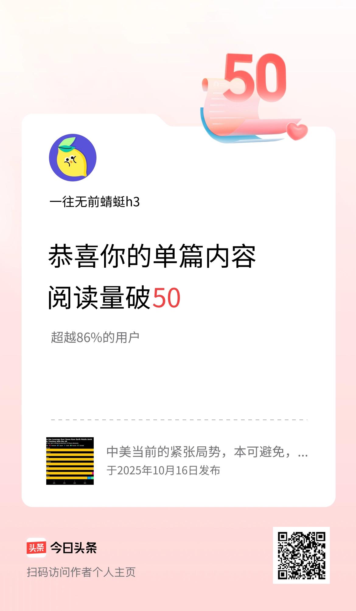 单篇内容获得阅读量破50啦！