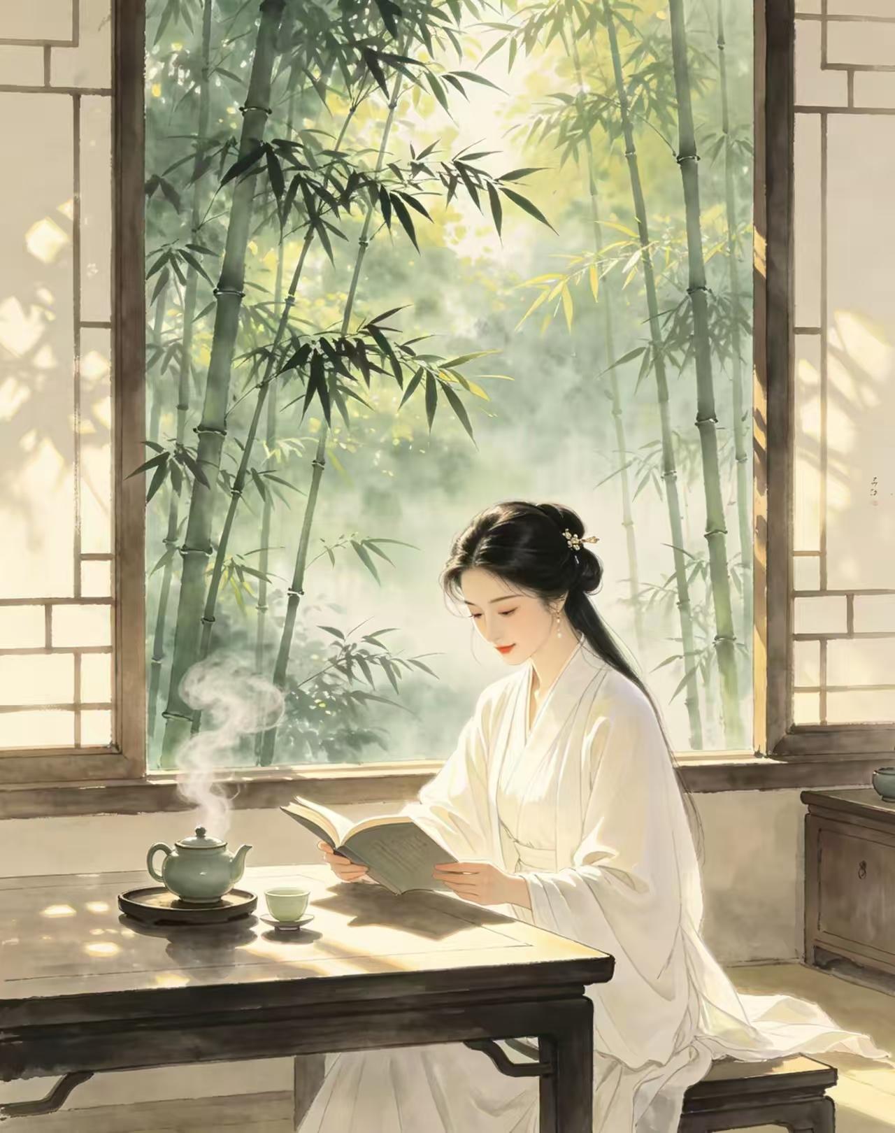 天净沙·书窗闲趣
竹影摇落纱窗，
披衣闲品茶汤，
漫展诗书静赏。
晚风轻荡，
悄