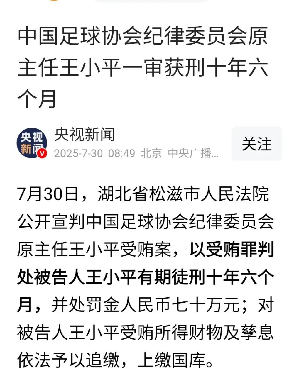 足协纪委书记王小平已受贿被判处有期徒刑十年六个月，这是什么神操作啊，

虽然我不