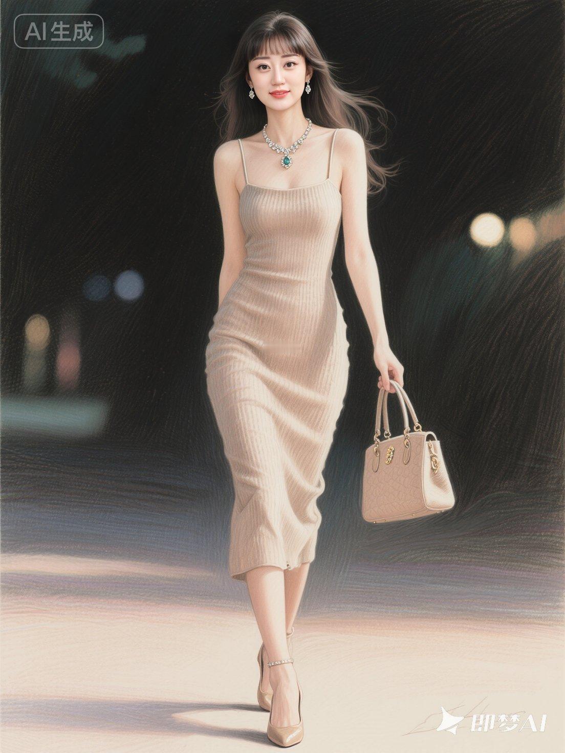 一位身着时尚吊带裙同色系高跟鞋，的绝色美女。连衣裙细腻纹理与身体曲线完美贴合，葫