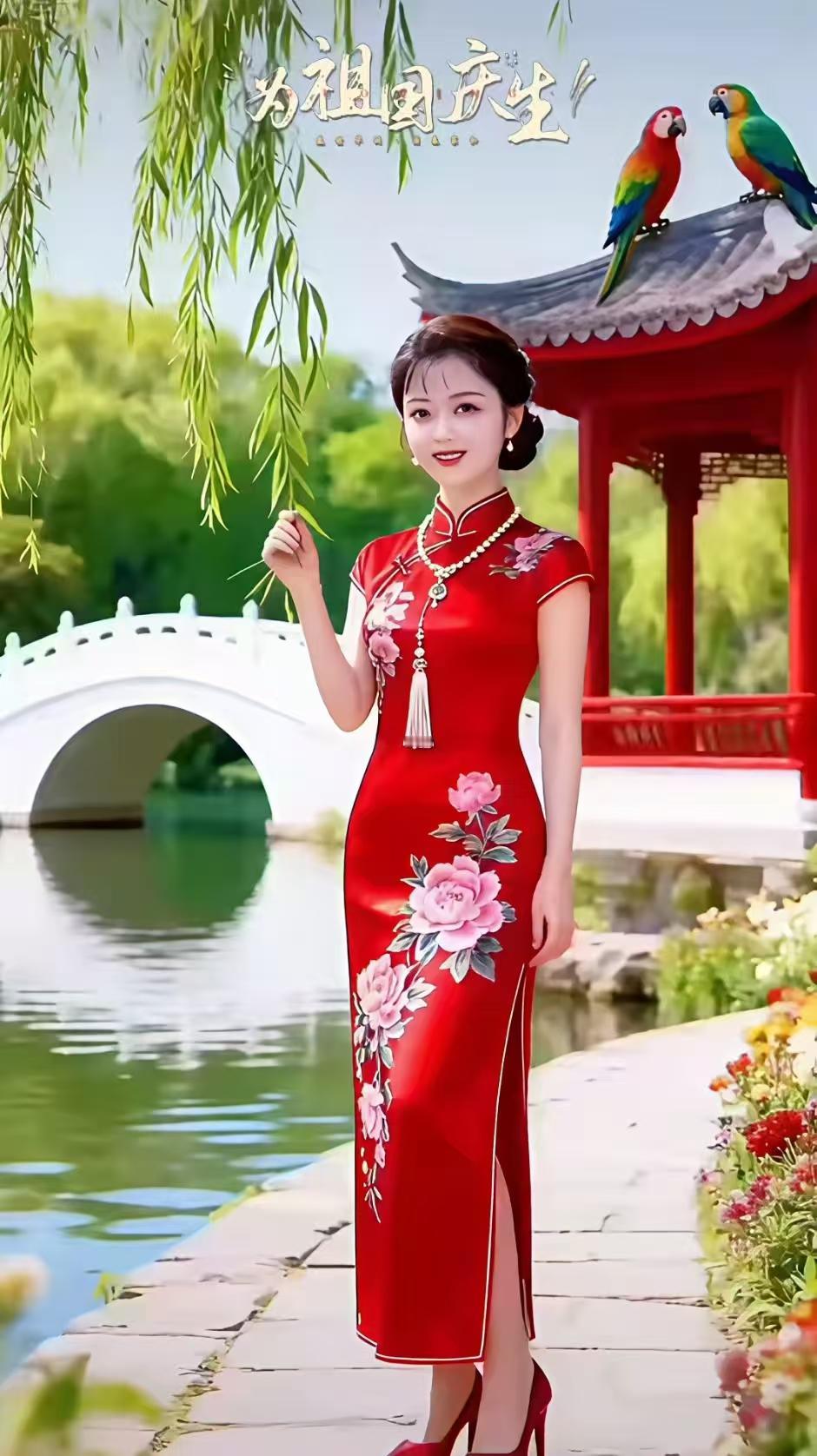 天净沙·桥边旗袍佳人
玉栏青石桥遥，
彩亭黛瓦禽娇。
红锦佳人似貌。
行人回眺，