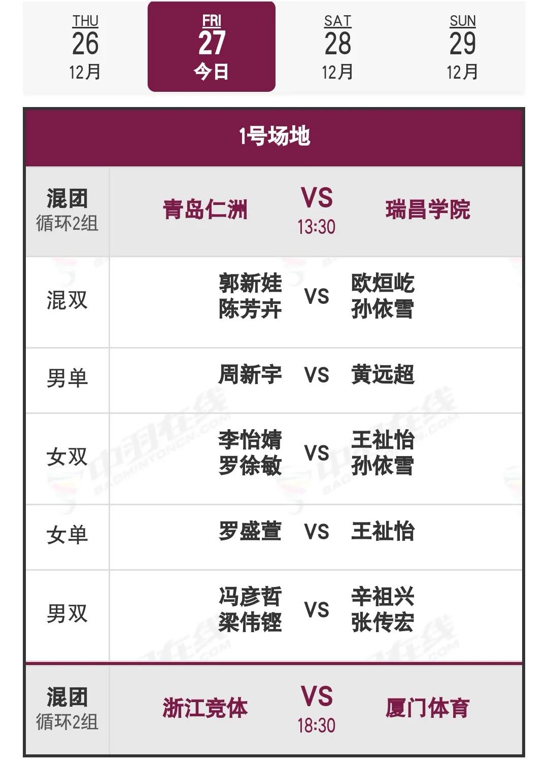 12月27日中国羽球俱乐部超级联赛下午场对阵安排

13：30开始。
羽毛球 羽