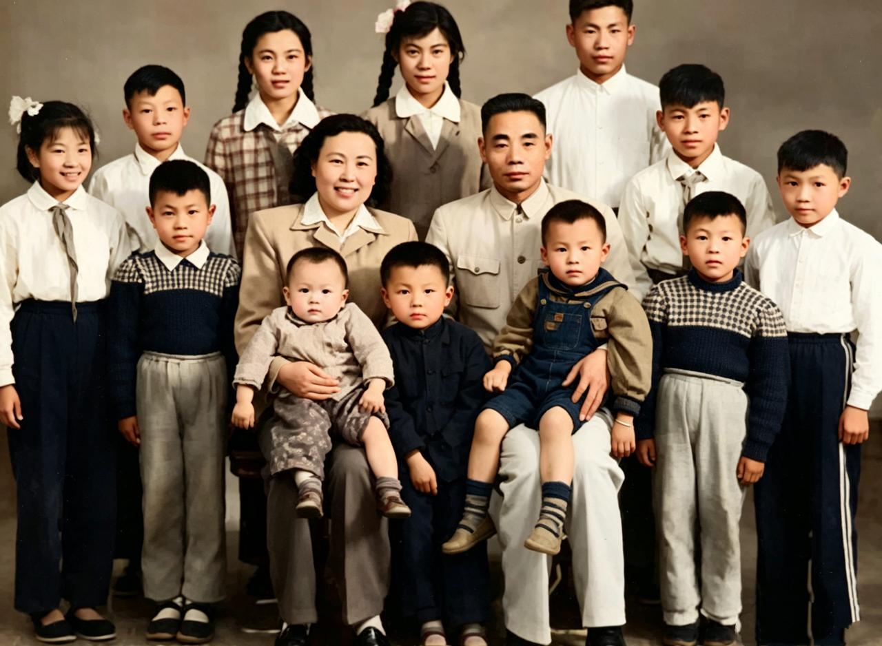 下图是1961年吴信泉中将和夫人俞惠如以及12个子女的全家福，因为所生子女众多，