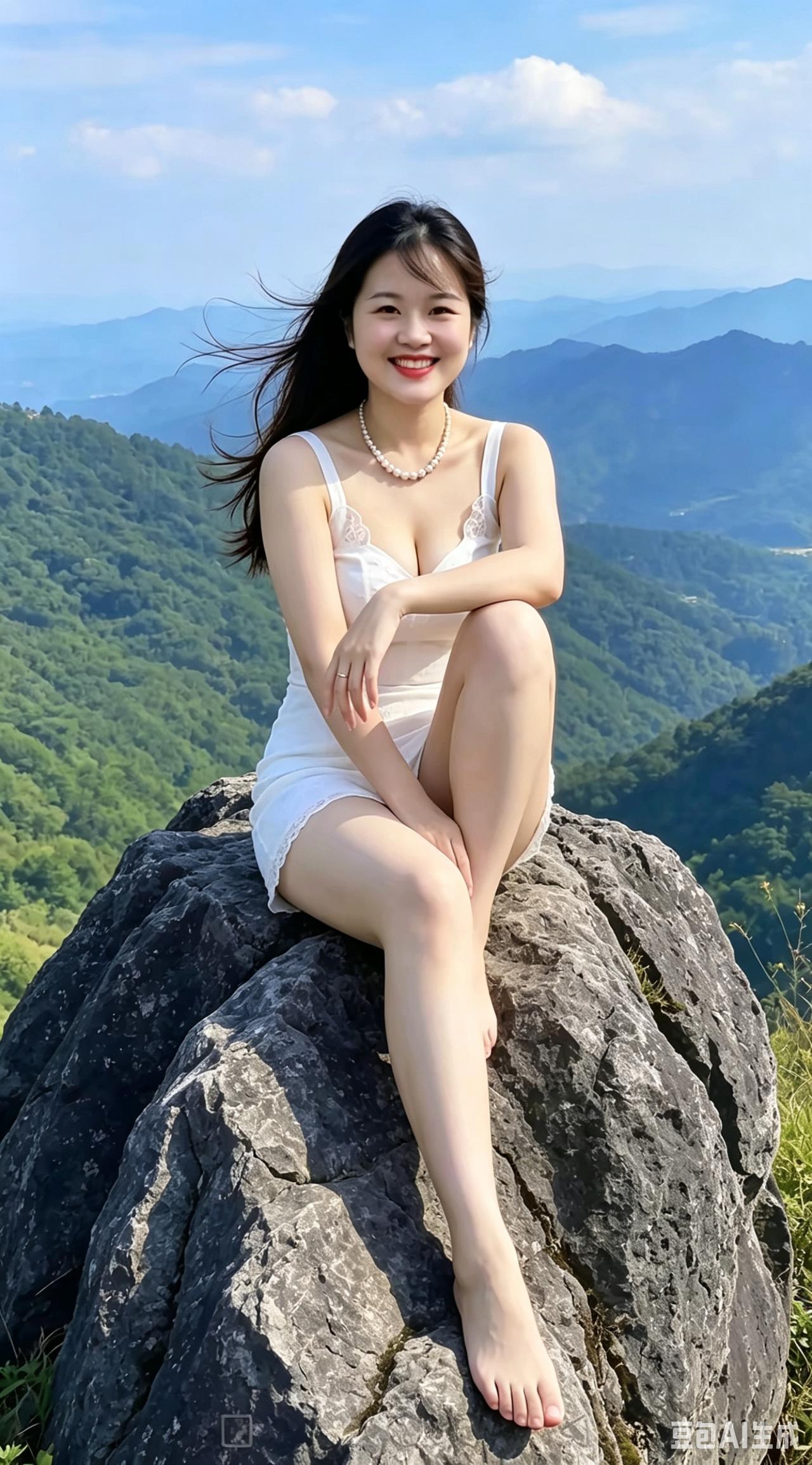 山巅倩影（打油诗，邀读者续尾）
群山凝翠接云天，
闲倚顽石意泰然。
长发随风悠悠