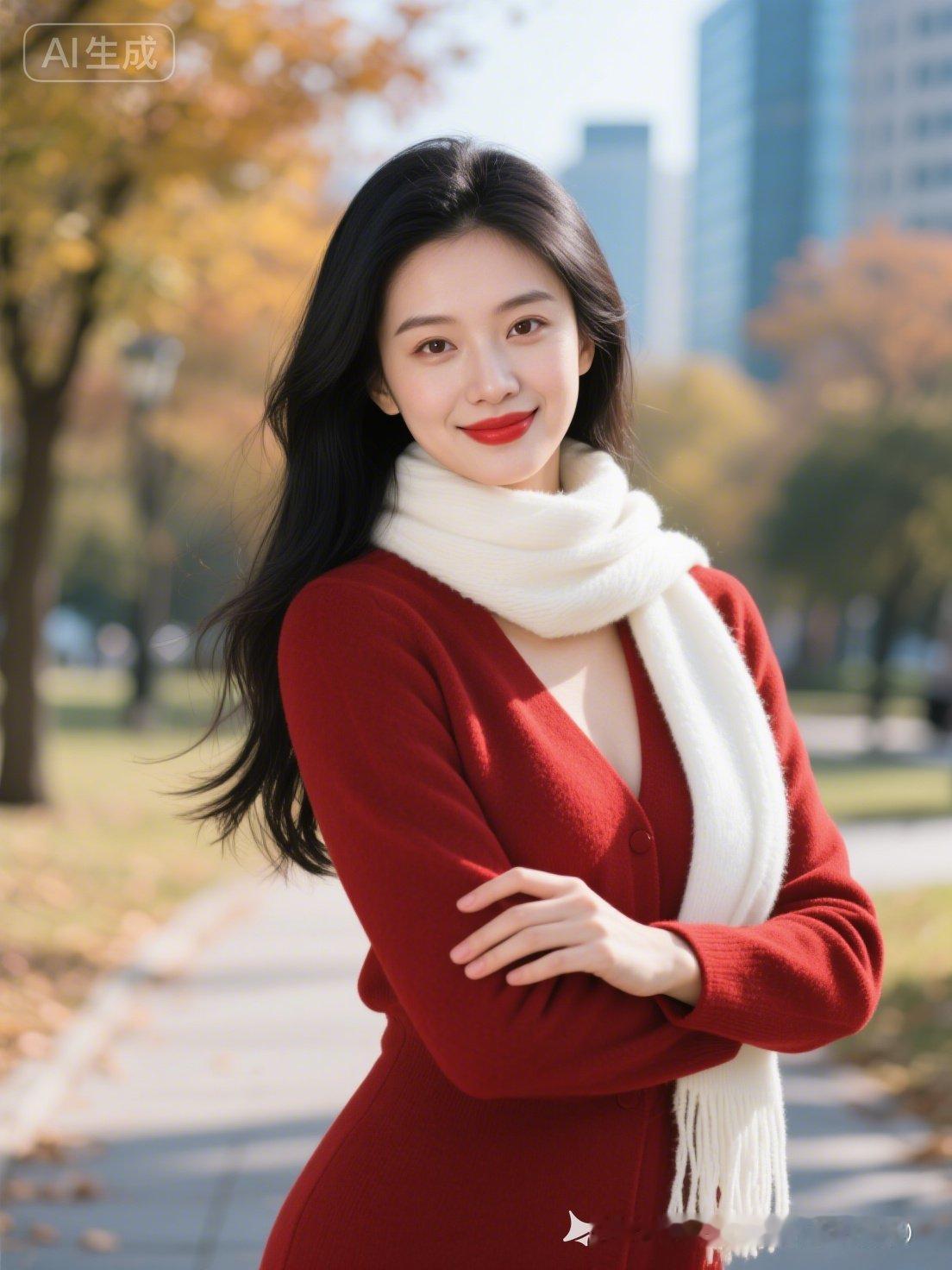 秋日暖阳下的时尚红衣少女，微笑中散发着温暖与活力。