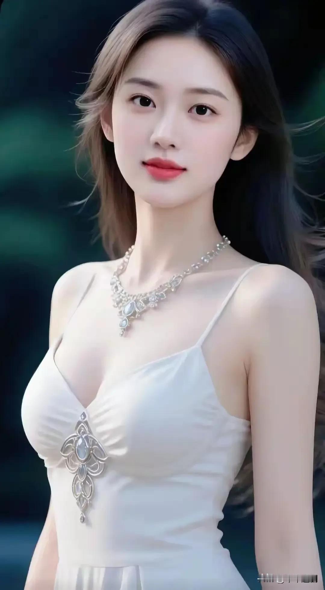 白衣衬清颜，珠宝点缀，长发随风轻轻扬起
国色天姿美女照 温柔治愈款美女