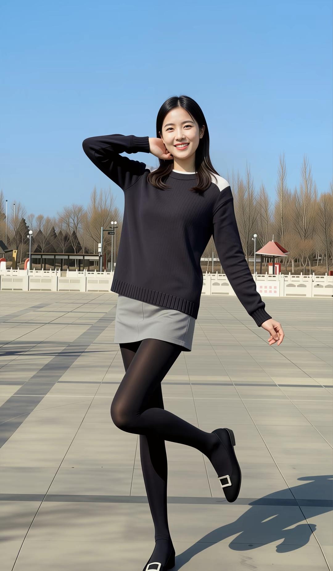 阳光明媚的午后，少女在公园里轻盈漫步，笑容灿烂，仿佛时间静止。