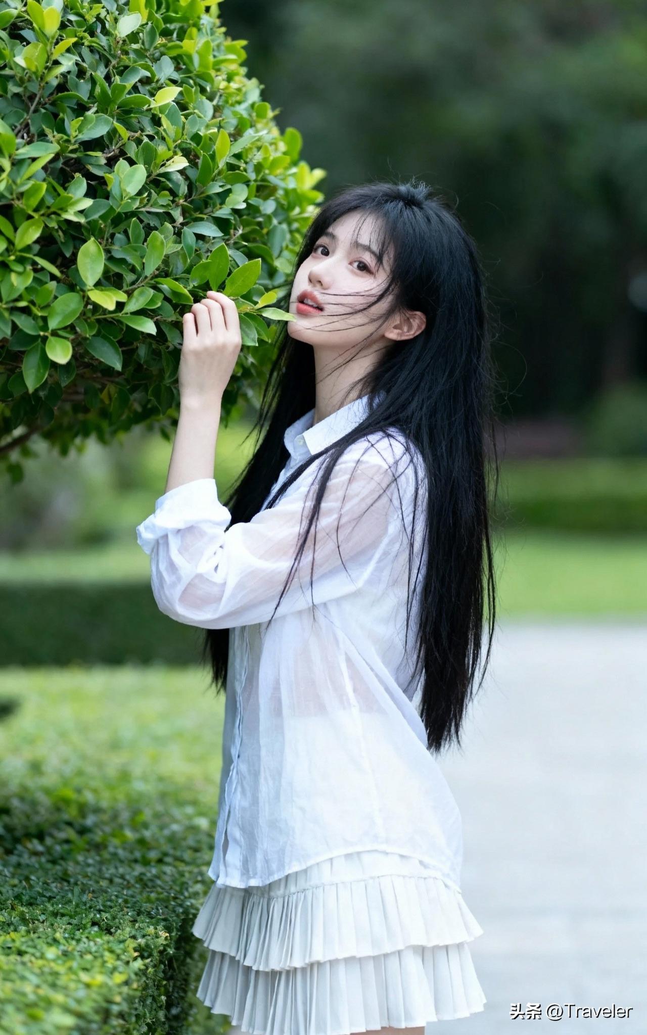 一个女孩在公园里闻着绿叶。