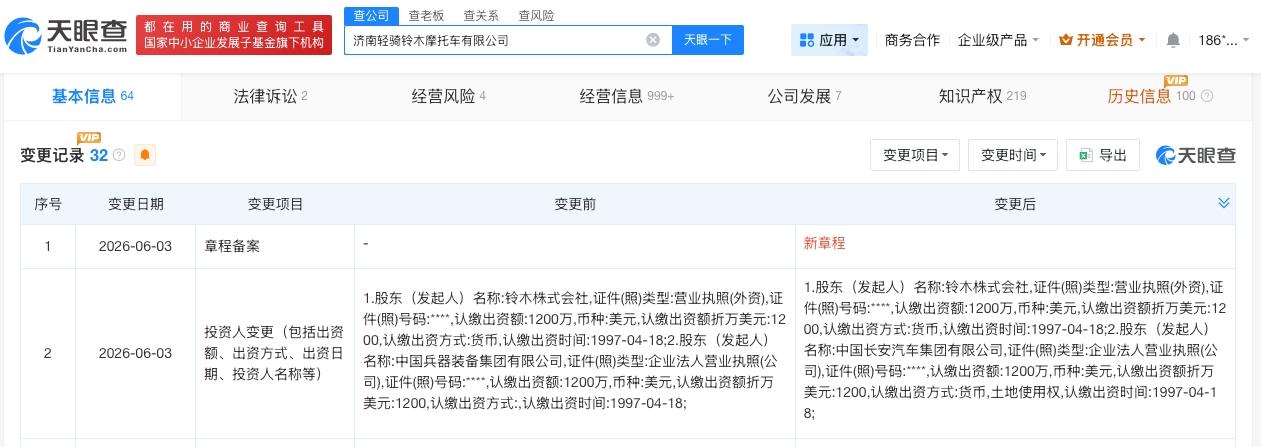 天眼查工商信息显示，近日，济南轻骑铃木摩托车有限公司发生工商变更，原股东中国兵器