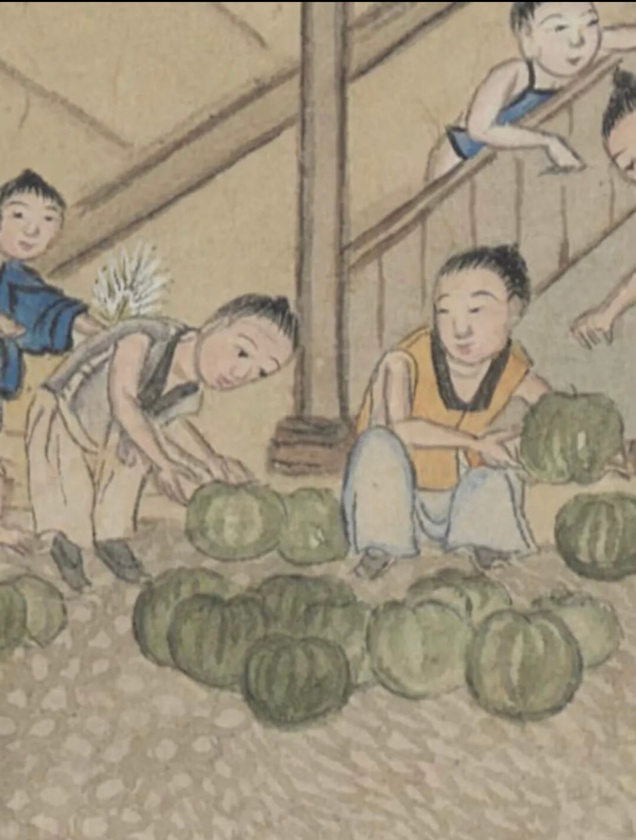 原来明代就有黄西瓜了 出自明代古画《苏州市井商业图册》，现藏法国国家图书馆。 