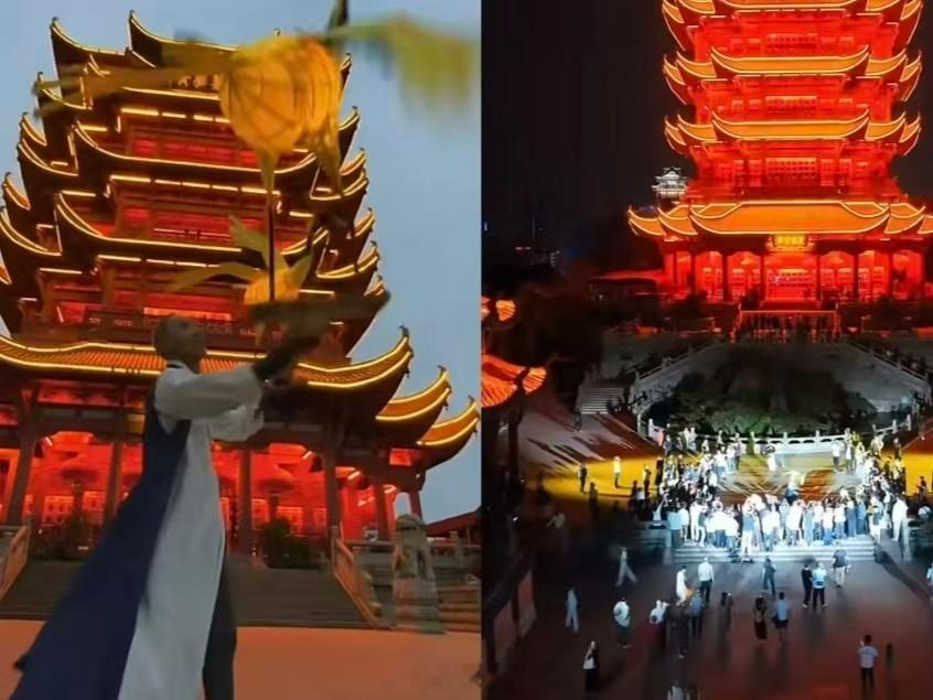 原来黄鹤楼真的有黄鹤“昔人已乘黄鹤去，此地空余黄鹤楼。”崔颢要是看到这一幕，估计