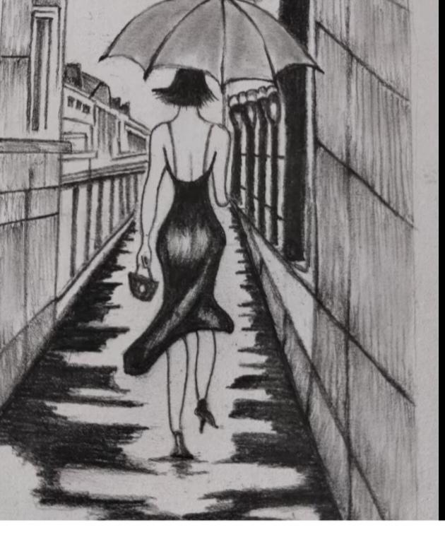 〔欣赏图片〕
素描的艺术作品；
色彩单一纯度高；
美女巷中在漫步；
身穿迷你裙吊