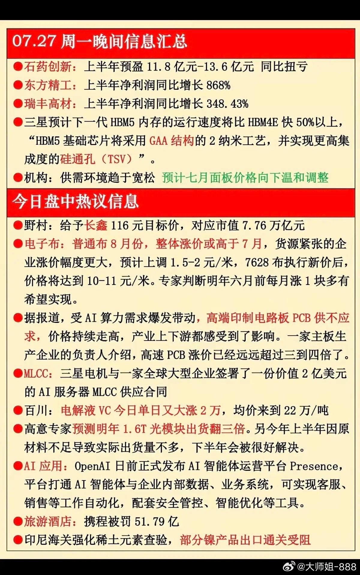 7.27周一  晚间财经信息汇总！1.电子布2.高端印刷电路板PCB3.MLCC