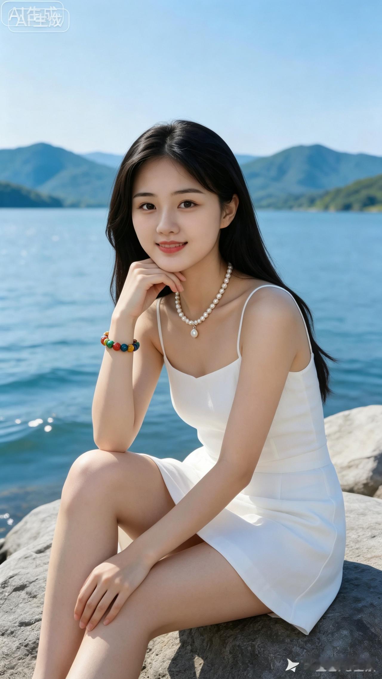 湖畔白衣姑娘
 
碧水青山映远天，
佳人静坐石崖边。
飘飘黑发垂双肩，
素白短裙