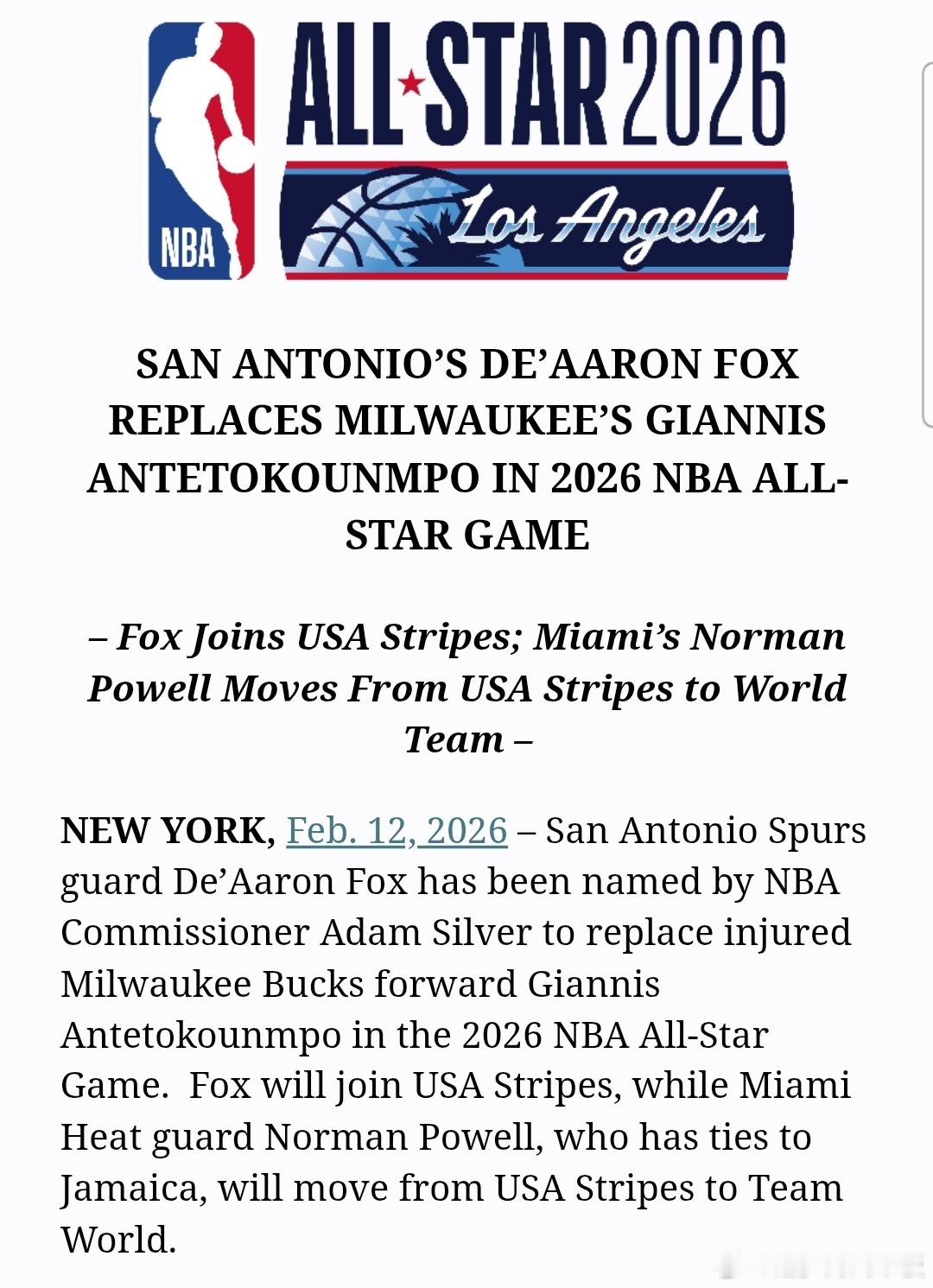 福克斯将顶替受伤的字母哥，入选今年的全明星。福克斯将被划入到美国队，而拥有牙买加