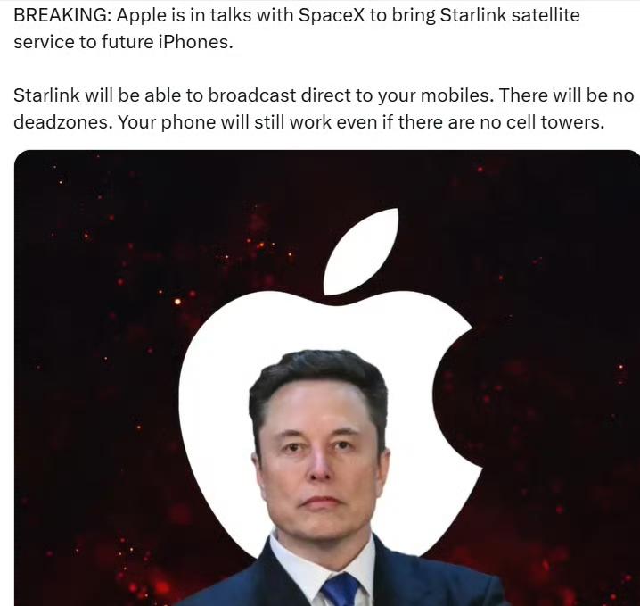 苹果公司正与SpaceX洽谈合作，计划将星链(Starlink)卫星服务引入未来